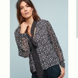 Anthropologie Leopard Print Sheer Neck Tie Blouse